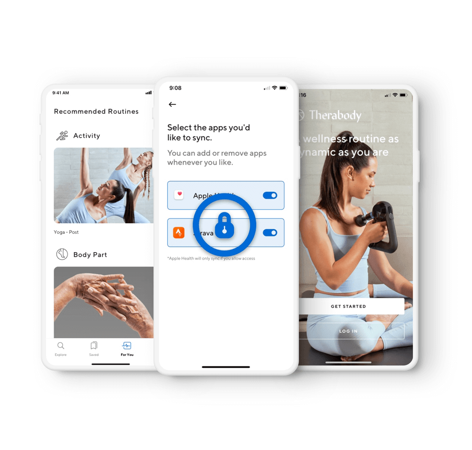 Therabody app screenshots with a lock icon=